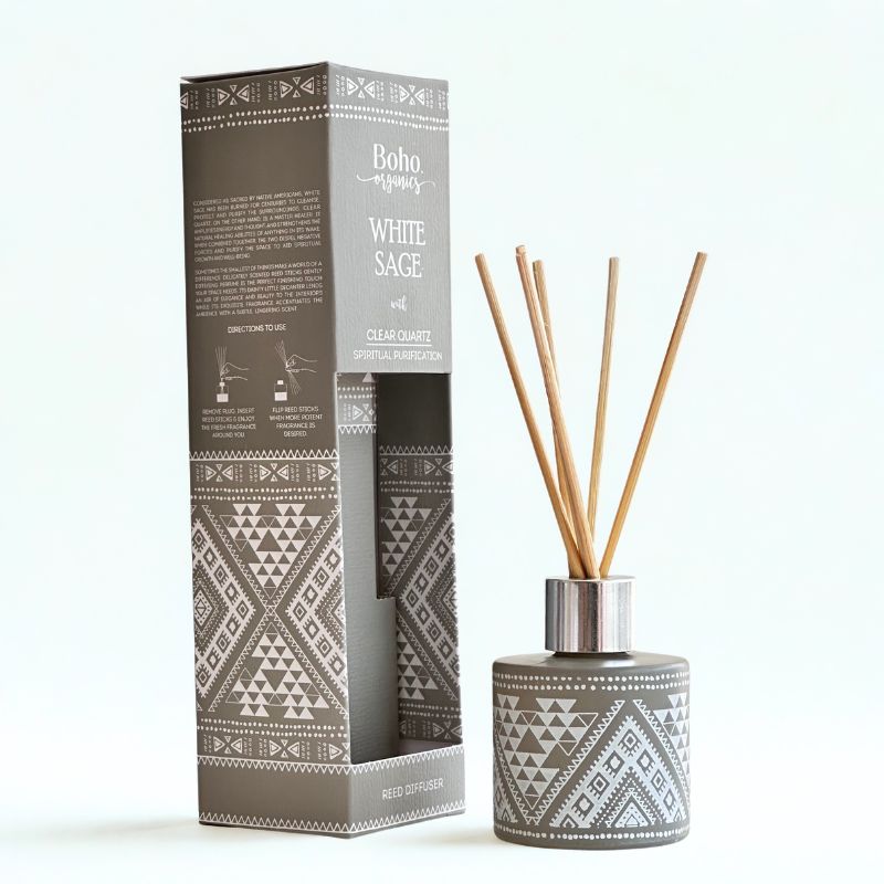 Difusor de Varilla Boho Salvia Blanca con Piedra Cuarzo Cristal