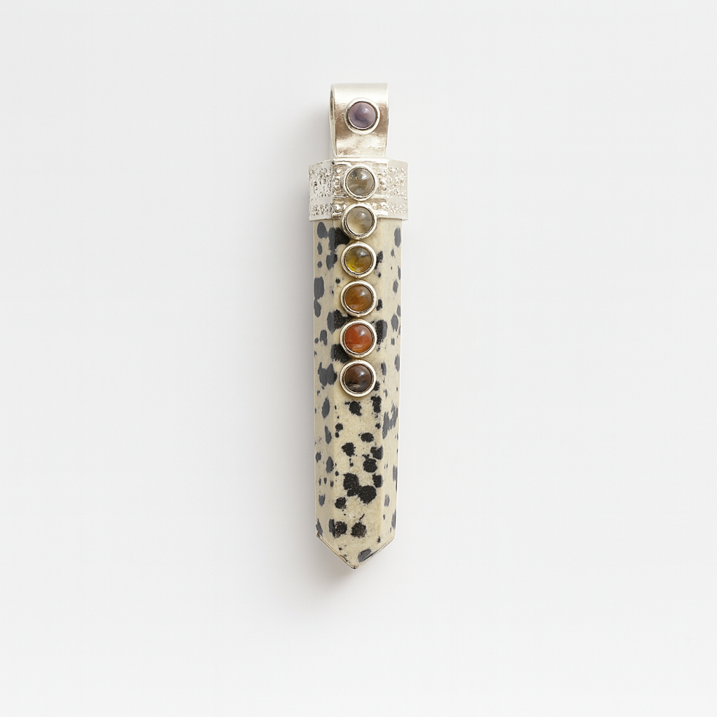 Colgante 7 Chakra con Punta Jaspe Dalmata