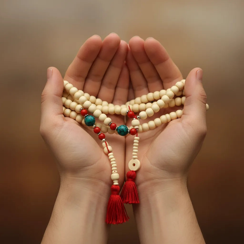 Japa Mala Blanco Piedra Roja y Verde 8 mm