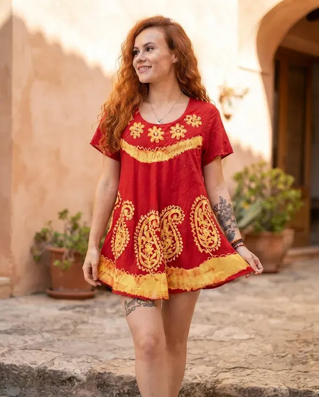 Blusa Vestido Deepa Roja con Amarillo