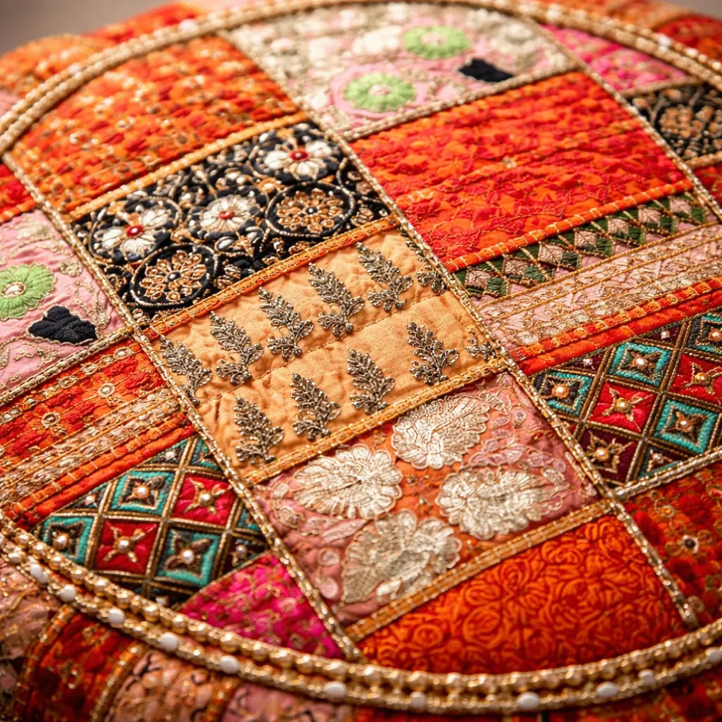 Cojin de Suelo Patchwork Naranja Redondo Extra Grande