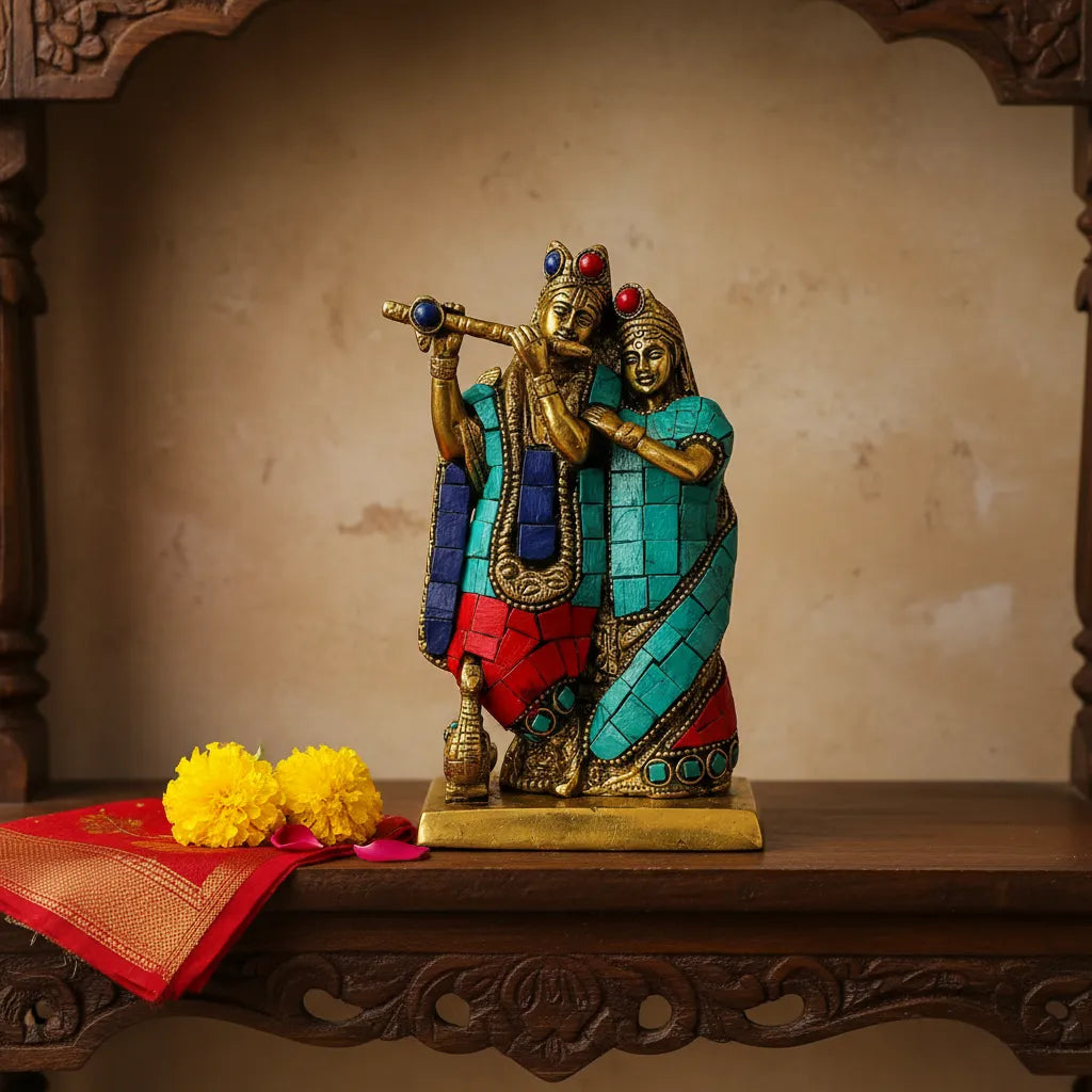 Radha Krishna Bronce con Piedras 16 cm