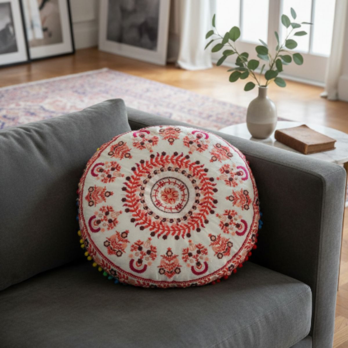 Cojin Boho Rosado Redondo Mediano