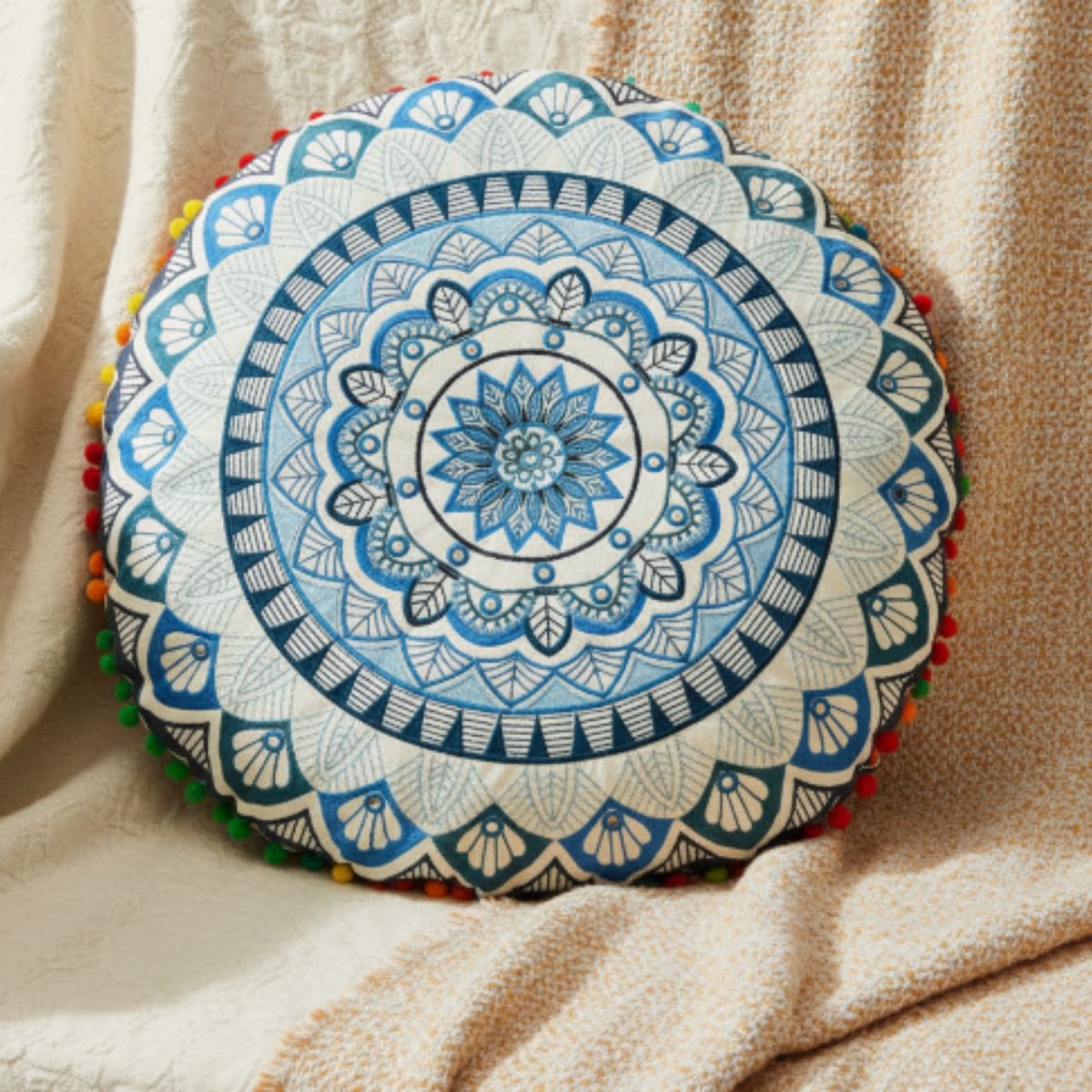 Cojin Boho Azul Redondo Chico