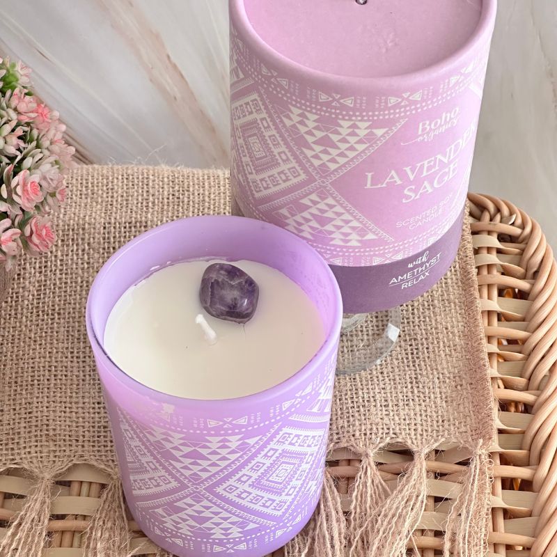 Vela Boho Lavanda Salvia con Piedra Amatista 200gr