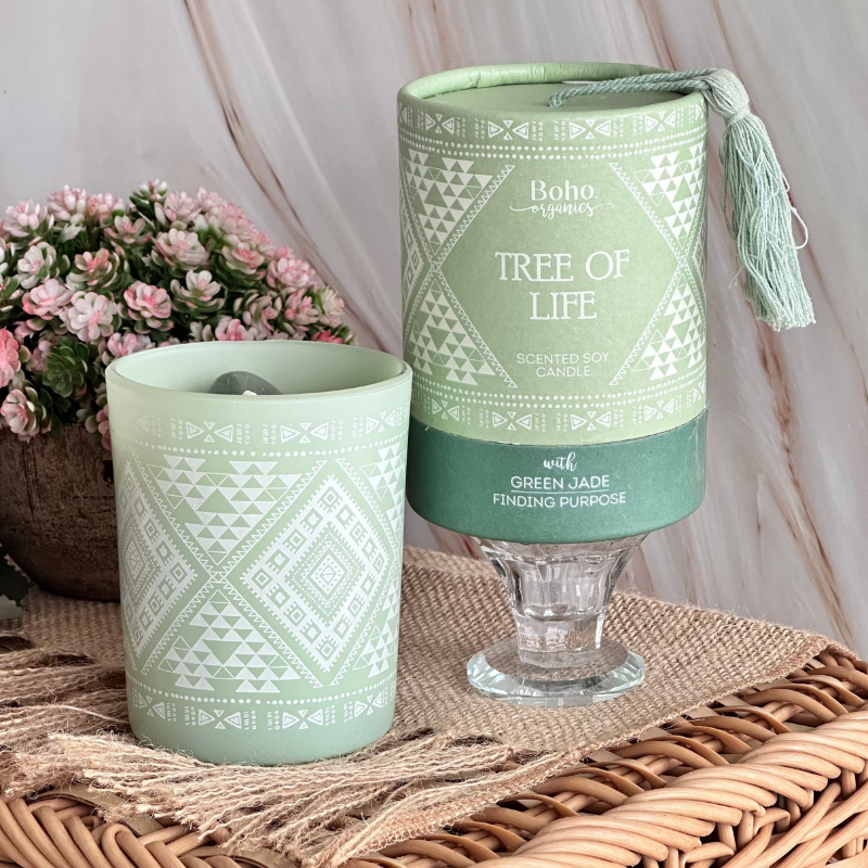 Vela Boho Árbol de la Vida con Piedra Jade 200gr