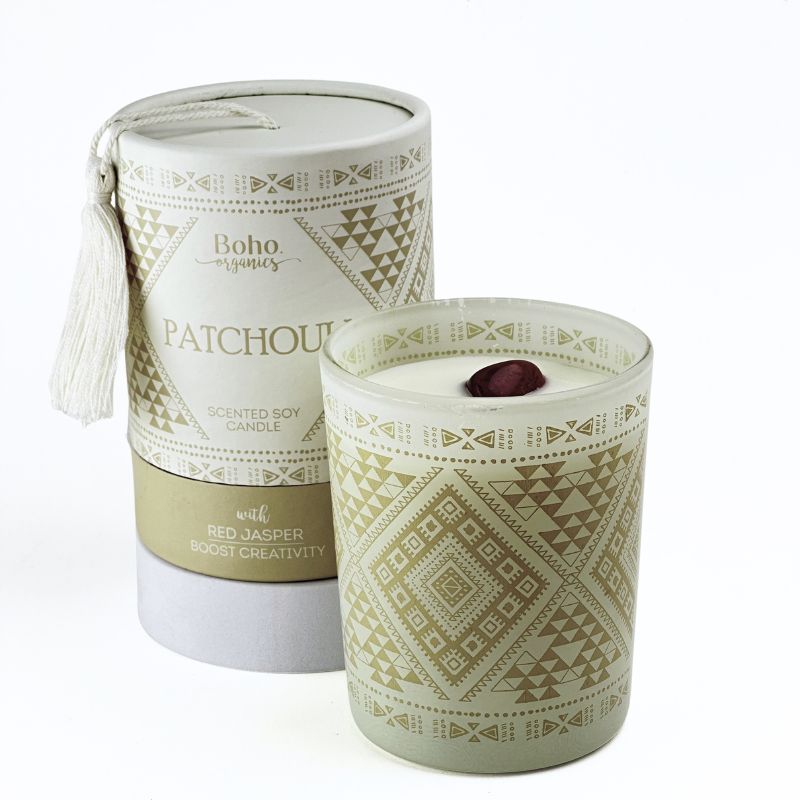 Vela Boho Pachulí con Piedra Jaspe Rojo 200gr