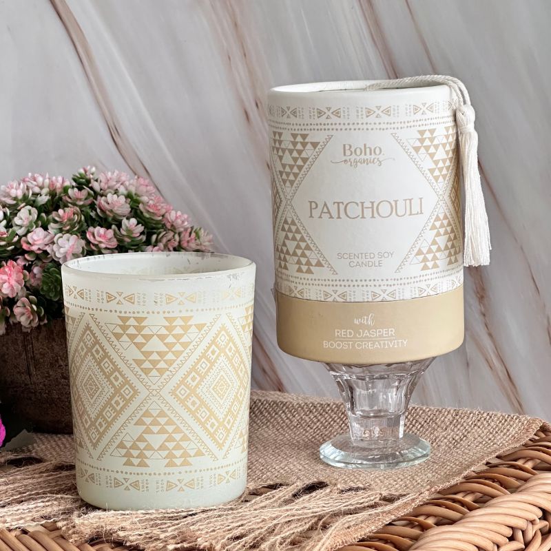 Vela Boho Pachulí con Piedra Jaspe Rojo 200gr