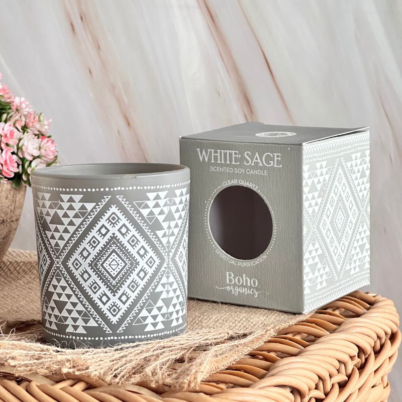 Vela Boho Salvia Blanca con Piedra Cuarzo Cristal 120gr