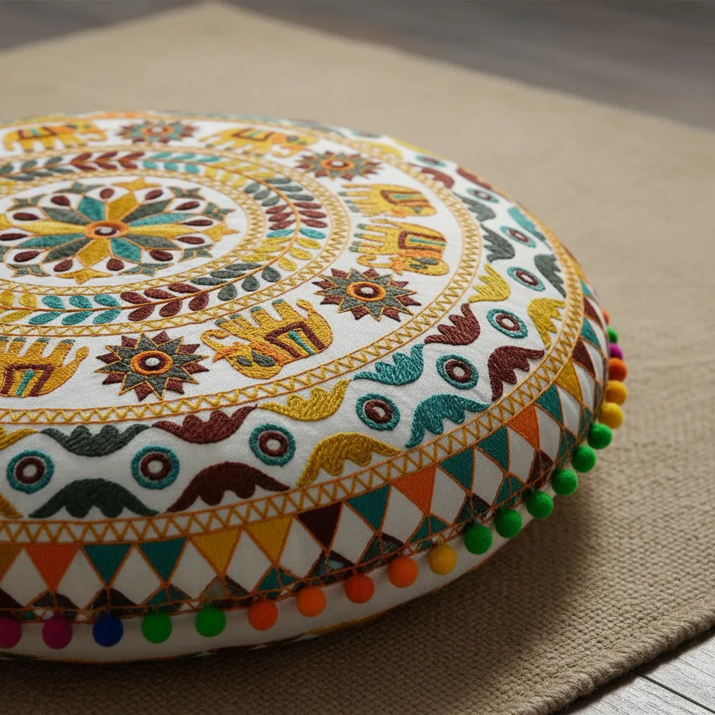 Cojin Boho Amarillo Redondo Grande