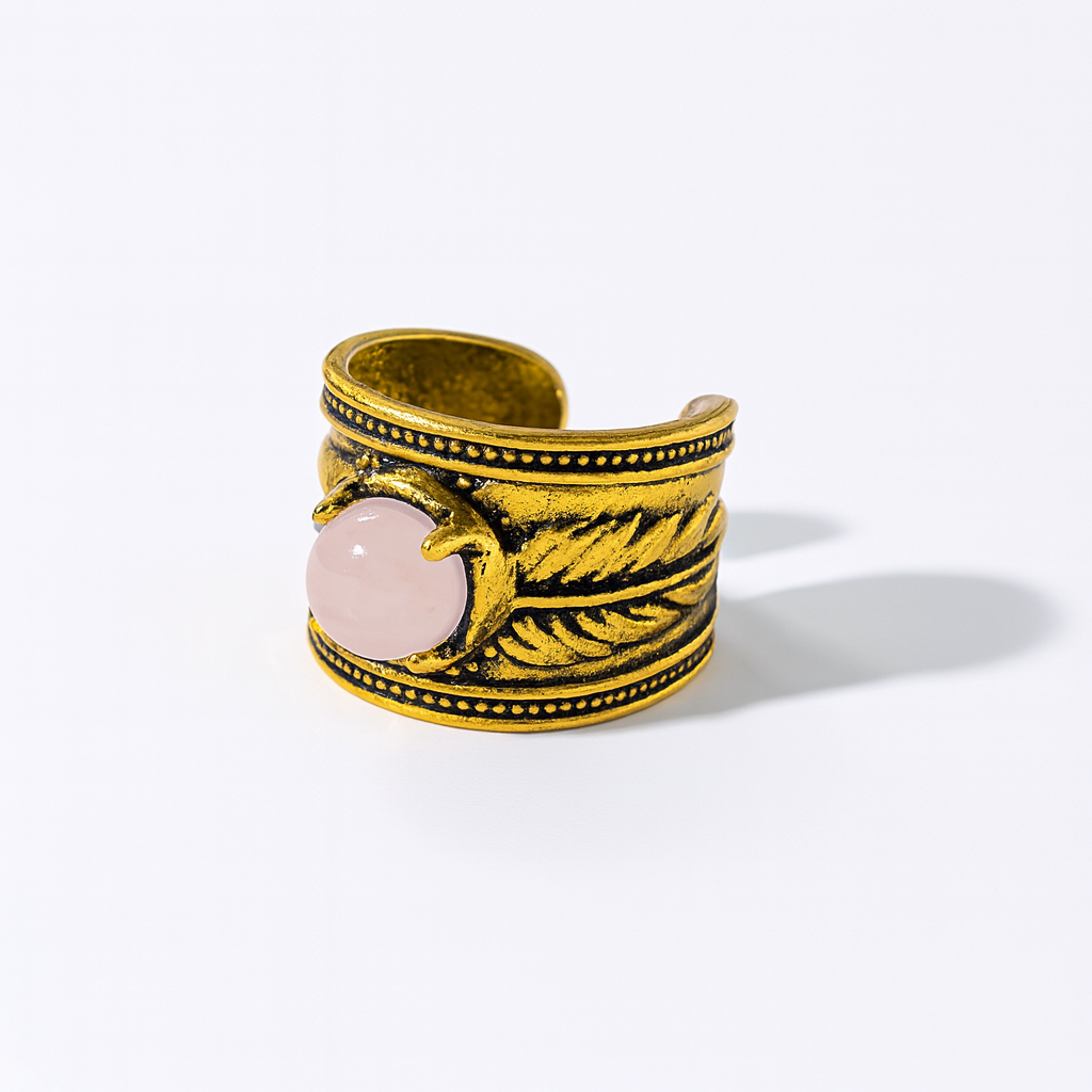 Anillo Pluma Dorada Cuarzo Rosa