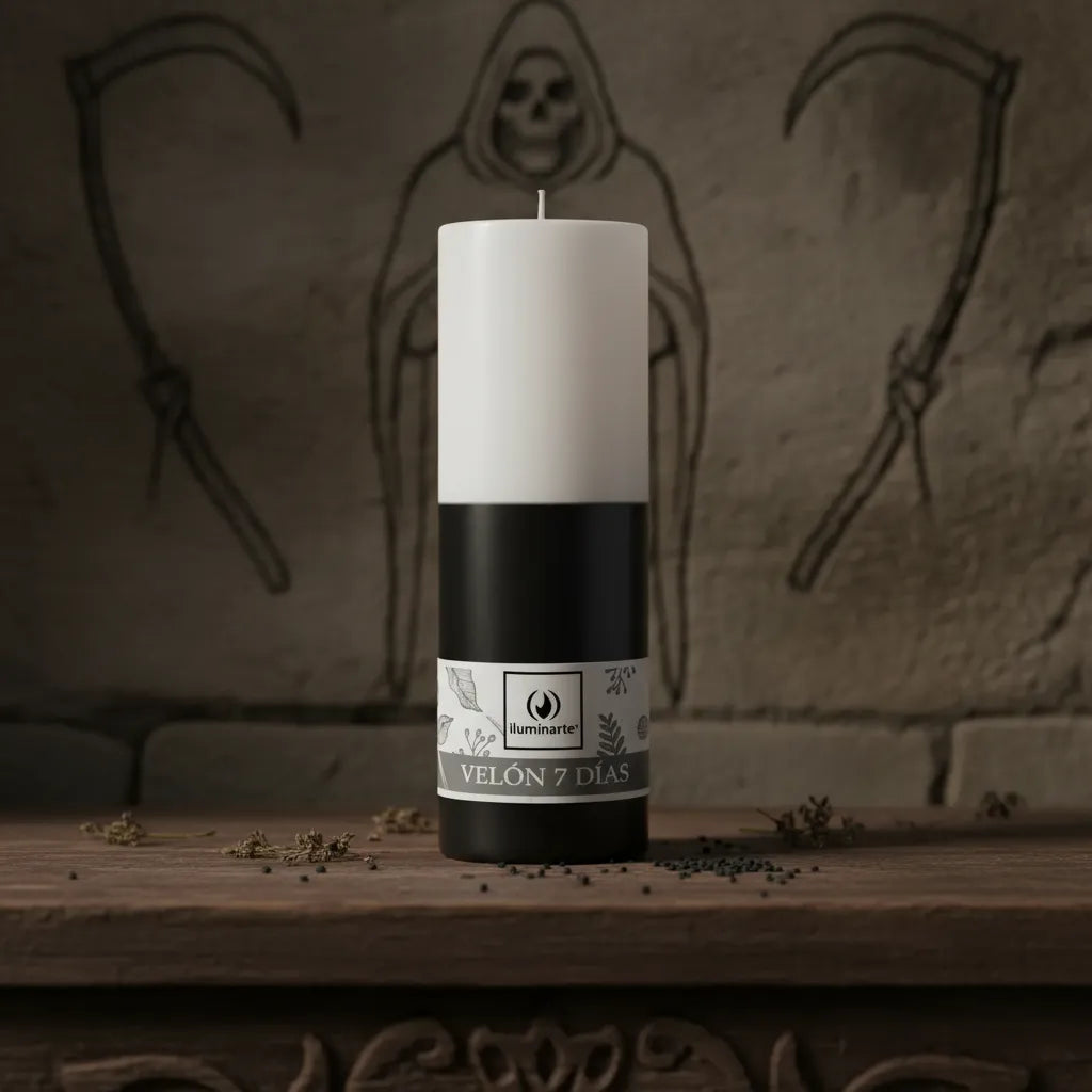 Velón Liso 7 Días Blanco Negro - San La muerte