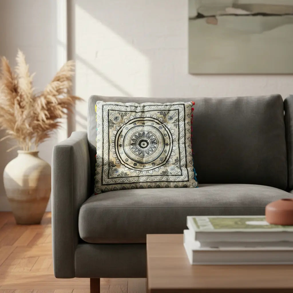 Cojin Boho Gris Cuadrado Chico
