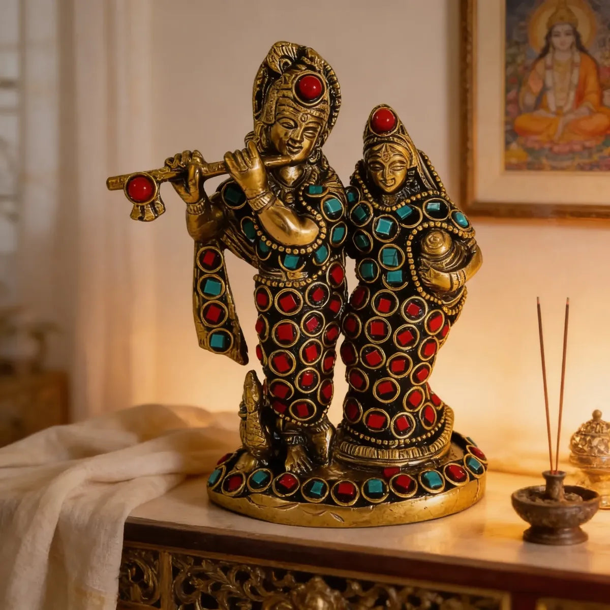 Radha Krishna de Bronce con Piedras 13 cm