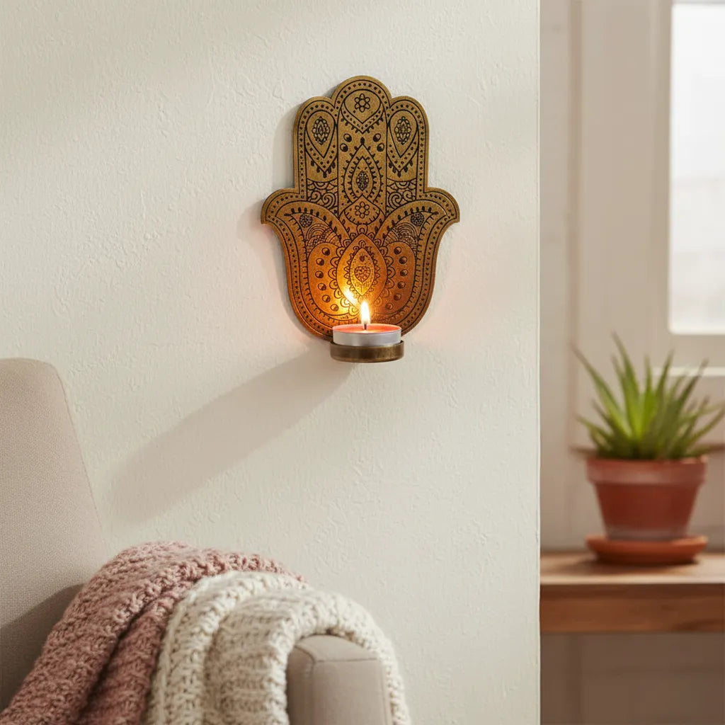 Porta Vela de Pared Mano de Fatima Dorado Pequeño