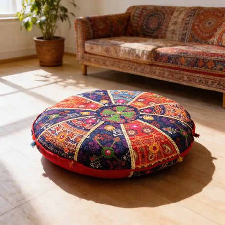 Cojin de Suelo Patchwork Celeste Redondo Extra Grande