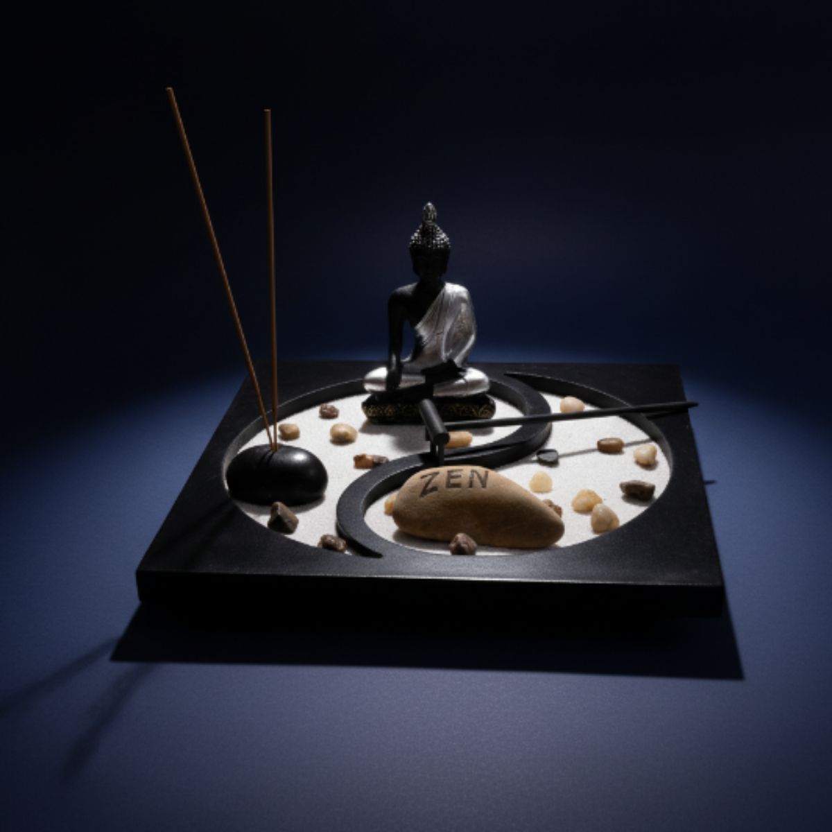 Jardín Zen Buda Siddhartha Plateado Negro