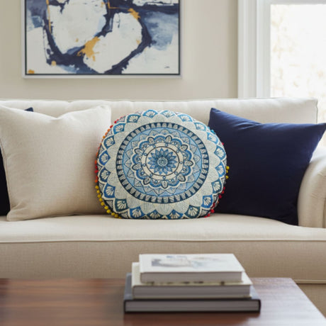 Cojin Azul Boho Redondo Mediano