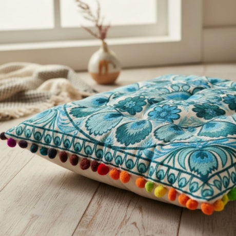 Cojin Boho Celeste Cuadrado Grande