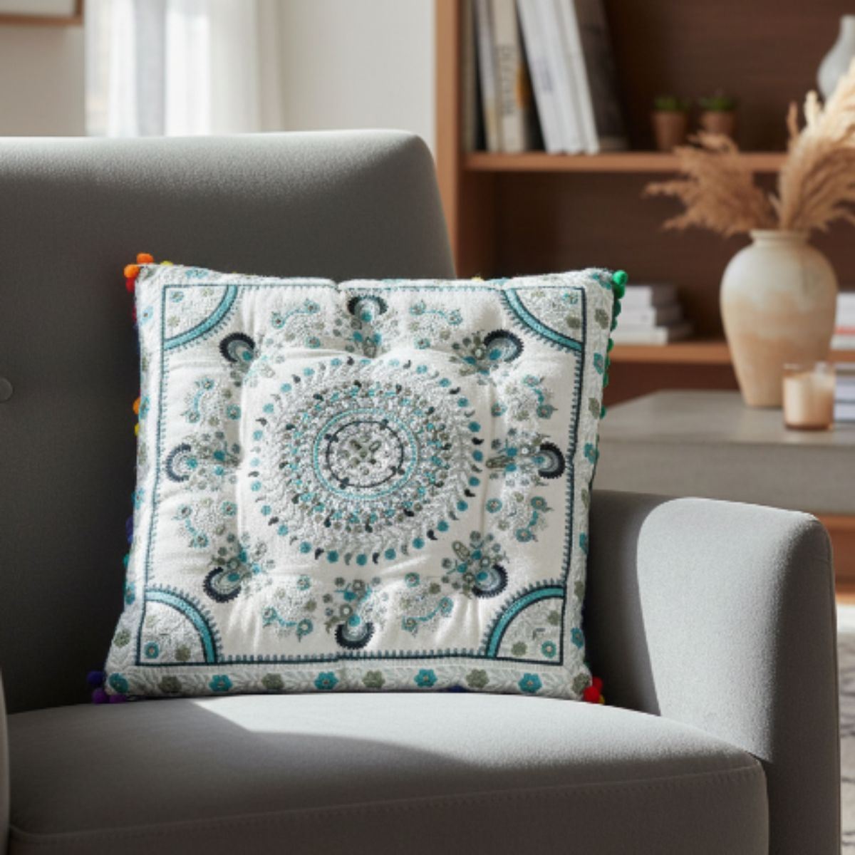 Cojin Boho Verde Cuadrado Grande