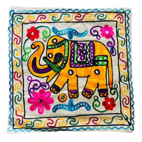 Funda de Cojín Bordado a mano - Elephant Yellow-Lilac