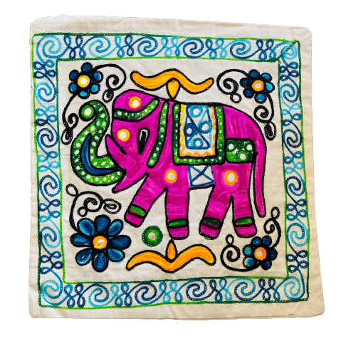 Funda de Cojín Bordado a mano - Elephant Pink - Blue